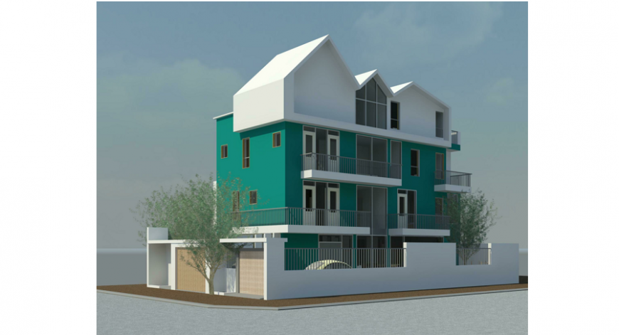 Three story single family bungalow 3d design cad drawing details dwg file