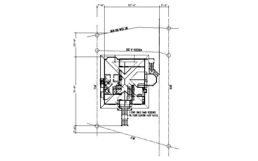 Three story single family house framing and general layout plan details dwg file