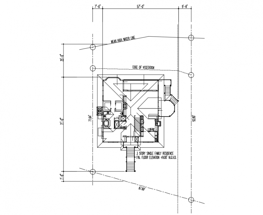 Three story single family residence first floor layout plan details dwg file