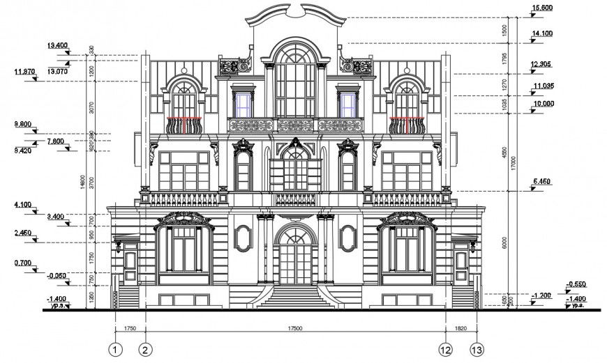 Three story villa main elevation cad drawing details dwg file