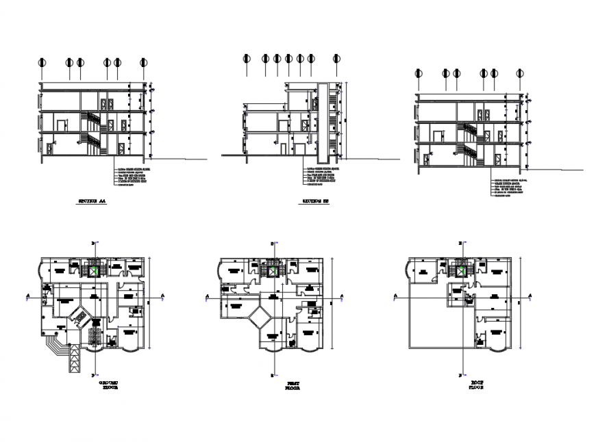Three story villa section and floor plan cad drawing details dwg file