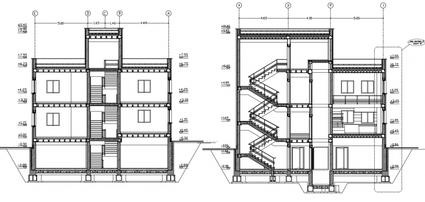 Threes story residential villa front and back section cad drawing details dwg file