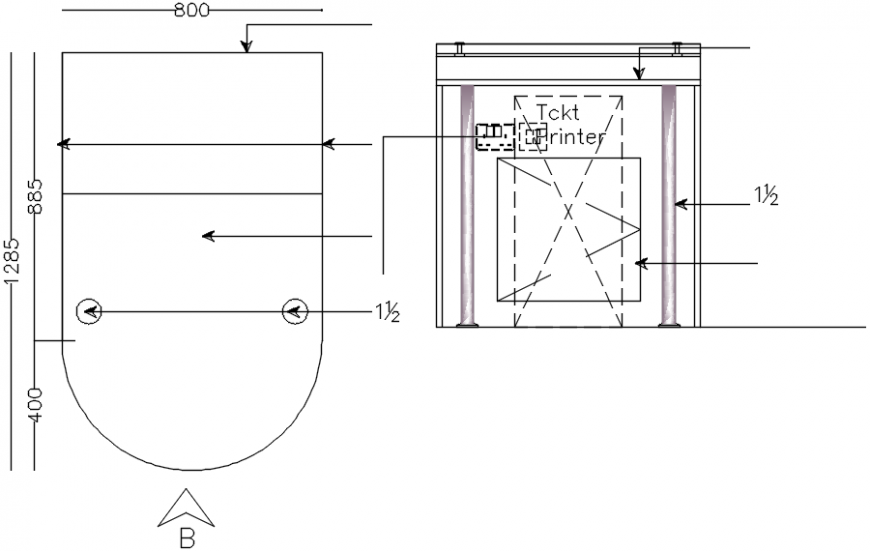 Ticket printer elevation and section cad drawing details dwg file