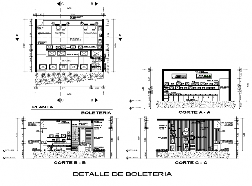Ticketing building detail elevation, plan and section 2d view layout file