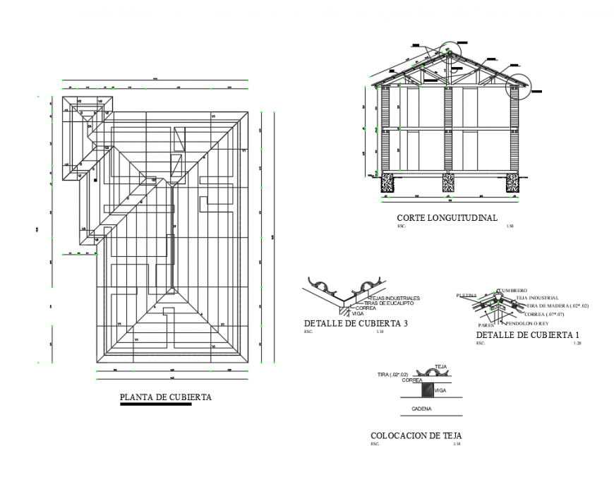 Tile roof in adobe walls of house constructive structure details dwg file