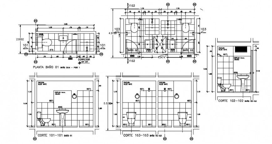 Toilet all sided section, layout plan and installation drawing details dwg file
