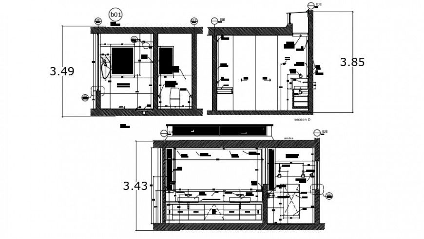 Toilet all sided section with interior and furniture drawing details dwg file