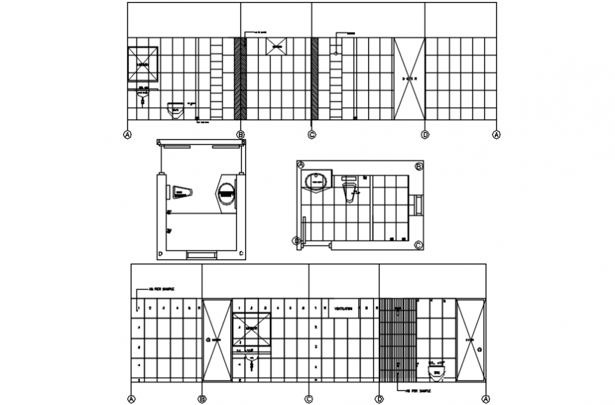 Toilet all sided wall section, plan and installation details dwg file