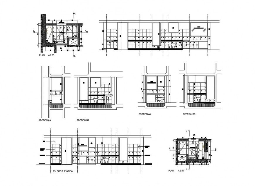 Toilet and bathroom flooded elevation, section and plan details dwg file