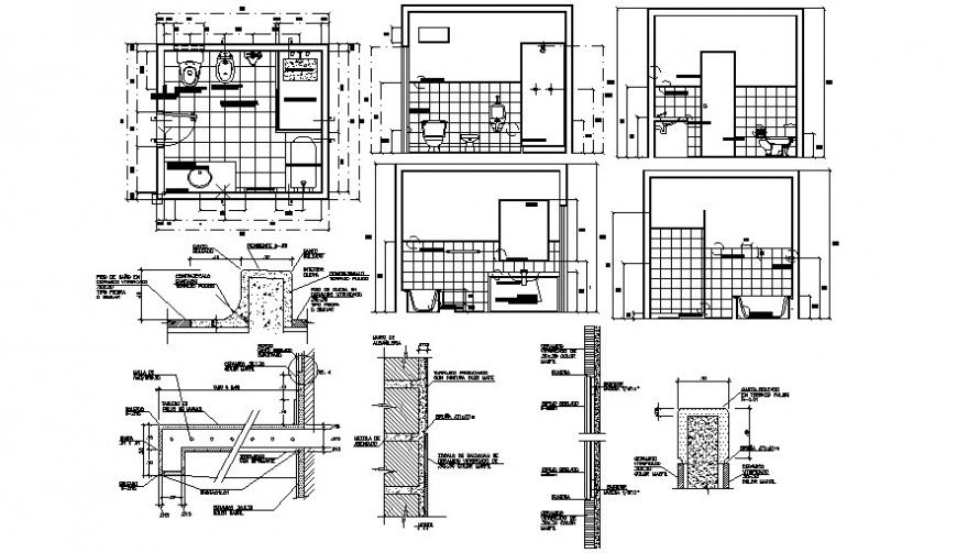 Toilet and bathroom sections, plan and sanitary installation drawing details dwg file