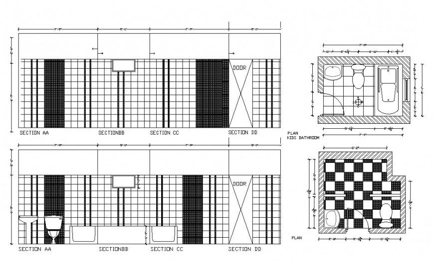 Toilet and Kids Bathroom Section, Plan, and Installation CAD Drawing