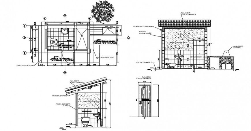Toilet cabin section, plan and sanitary installation drawing details dwg file