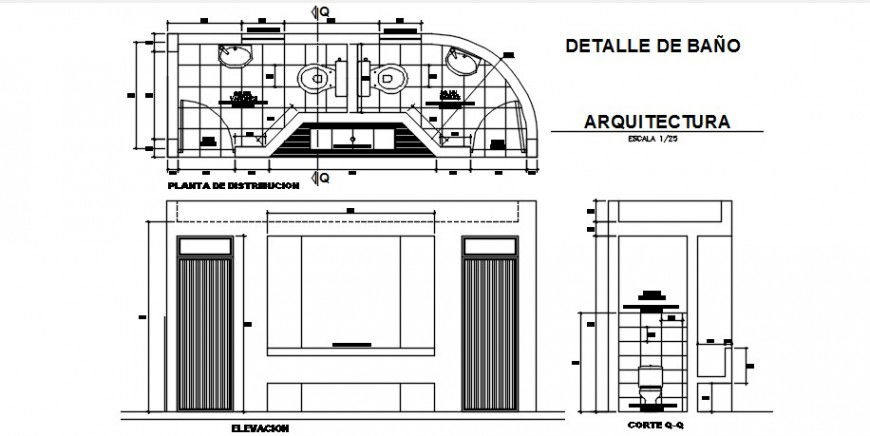 Toilet elevation, section, plan and installation details for sports center dwg file
