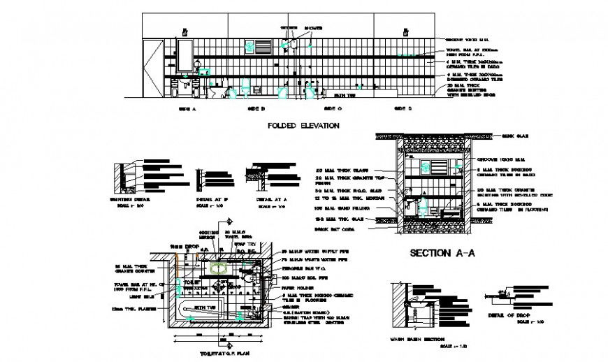 Toilet folded elevation, section, plan and auto-cad drawing details dwg file