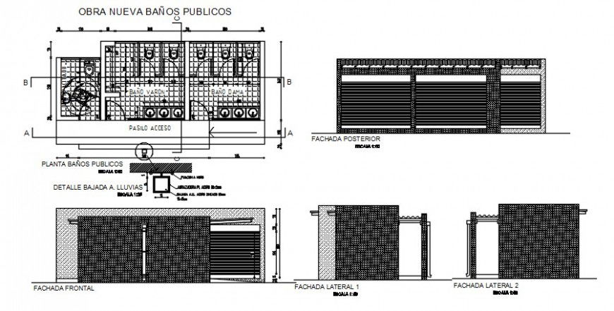 Toilet for auditorium hall elevations, sections and installation plan details dwg file