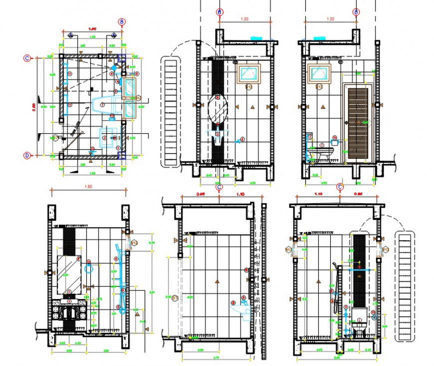 Toilet for house sections, plan and sanitary installation drawing details dwg file