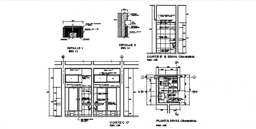 Toilet for public section, plan and installation drawing details dwg file