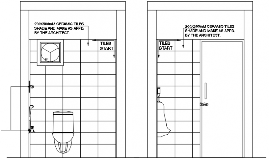 Toilet front and side section and installation drawing details dwg file