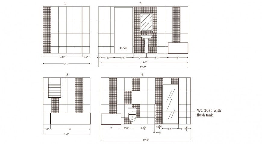 Toilet interior wall cladding vertical tile detail drawing in dwg AutoCAD file.