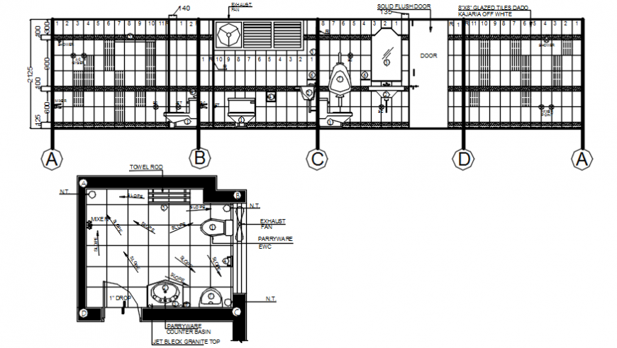 Toilet main front section, plan and installation cad drawing details dwg file