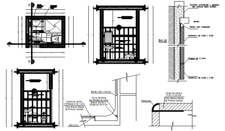 Toilet of apartment sections, plan and installation details dwg file