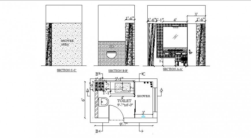 Toilet of bedroom all sided section, plan and sanitary installation details dwg file