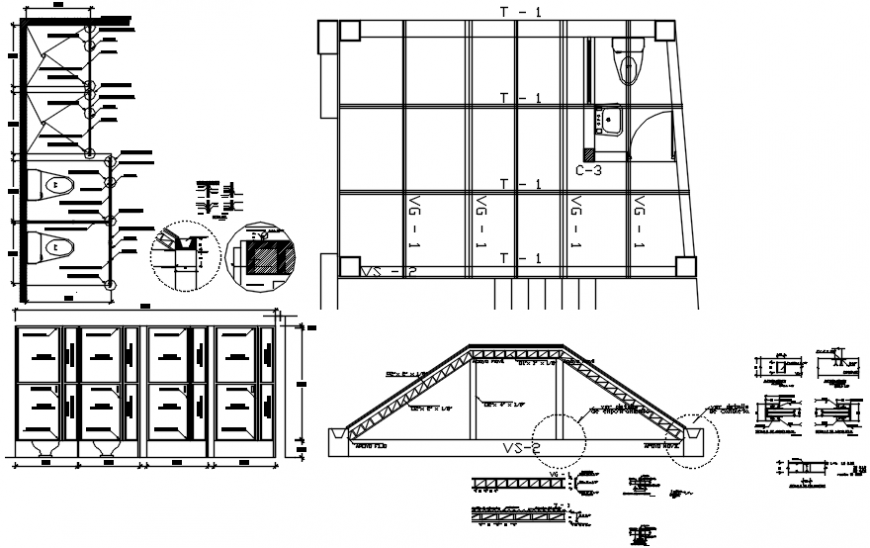 Toilet of community center section, plan and sanitary installation details dwg file