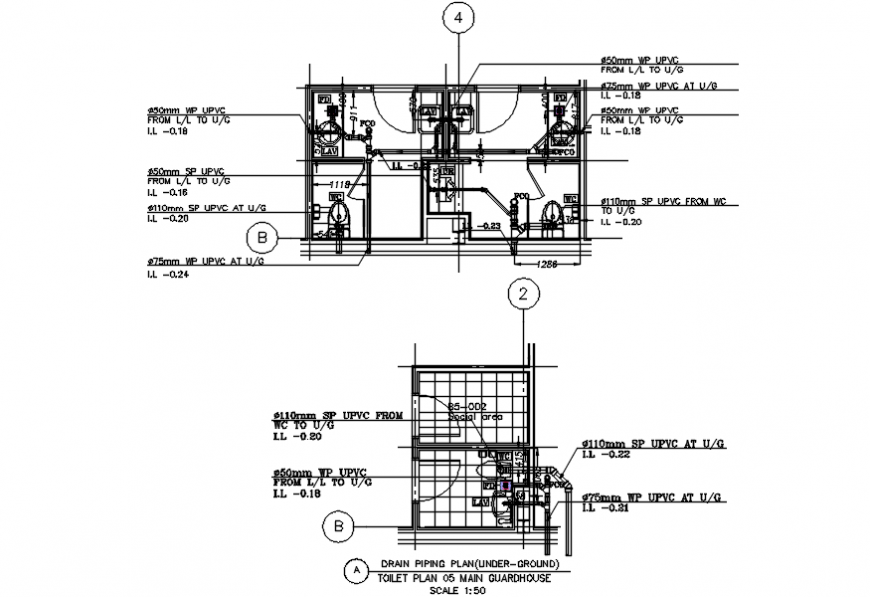 Toilet of guard house plan, installation and plumbing details dwg file