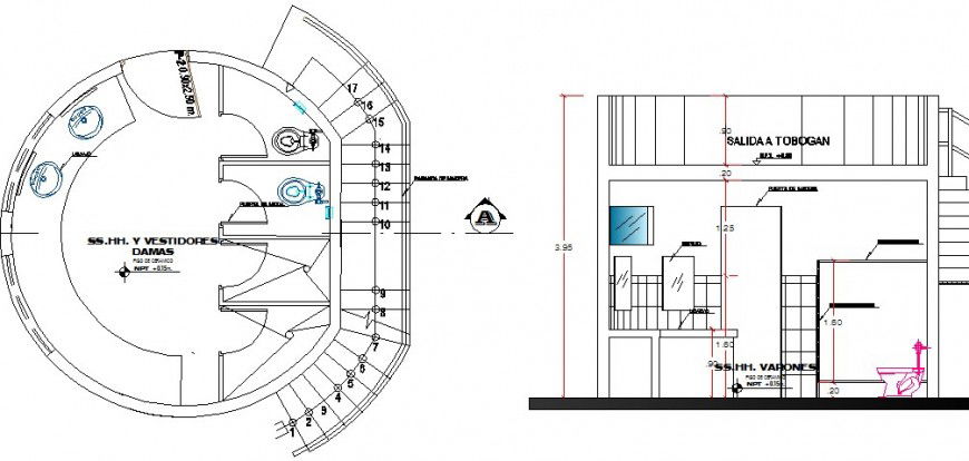 Toilet of hotel section, plan and sanitary installation cad drawing details dwg file