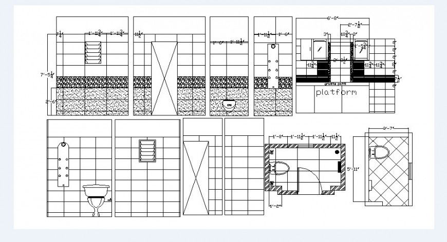 Toilet of house elevations, section, plan and installation drawing details dwg file