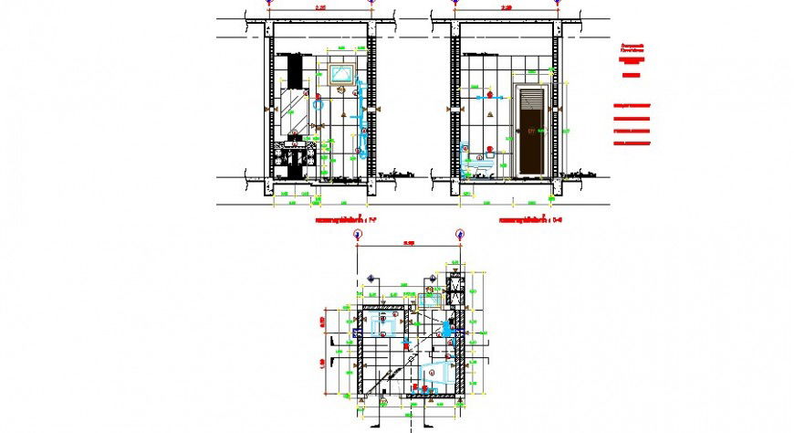 Toilet of house main section, plan and sanitary installation drawing details dwg file
