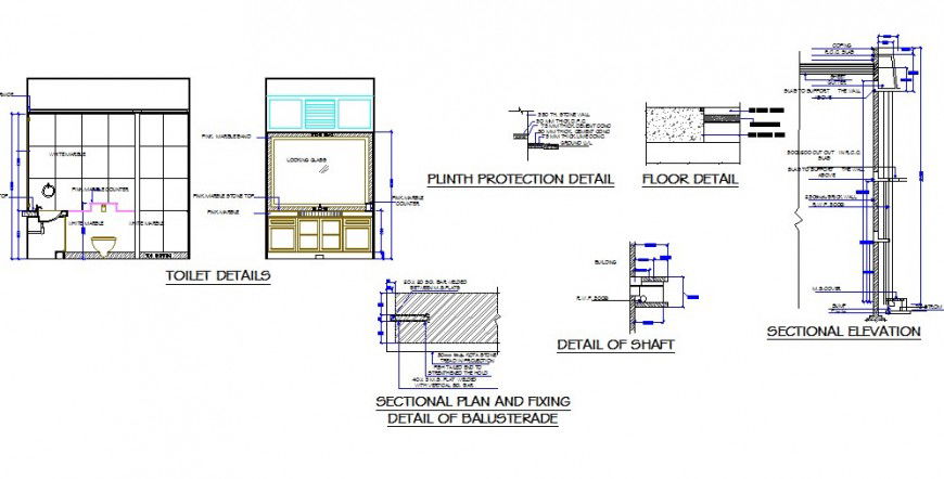 Toilet of house section, plan and installation cad drawing details dwg file