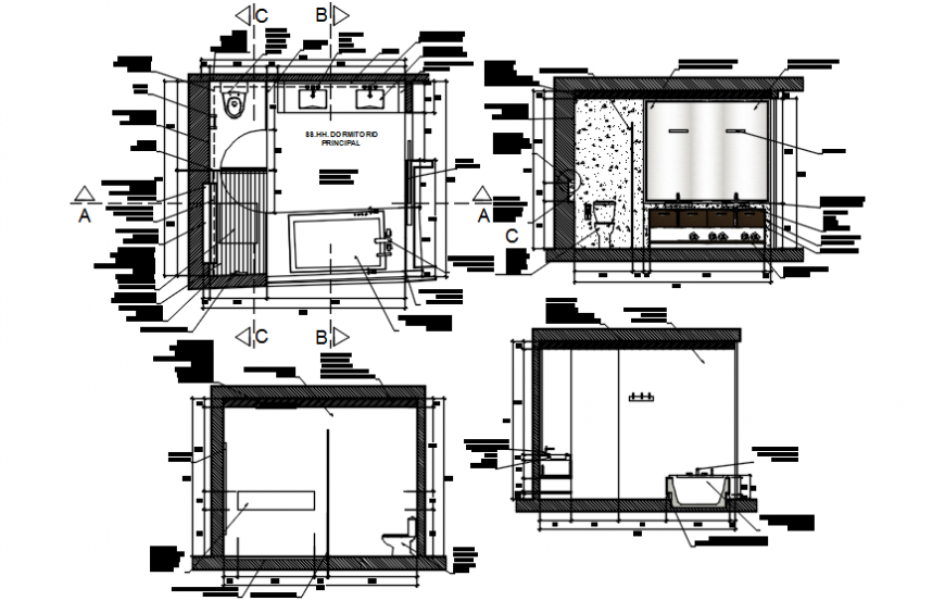 Toilet of master bedroom section, plan and installation drawing details dwg file