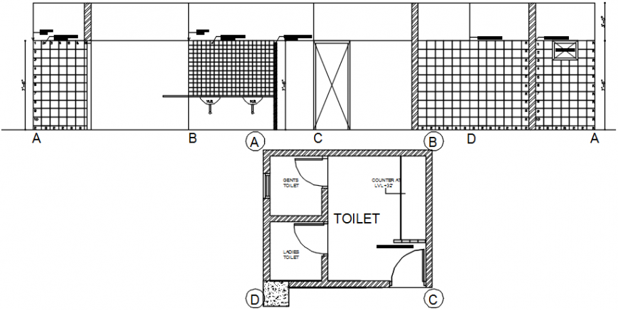 Toilet of restaurant section and plan with installation details dwg file