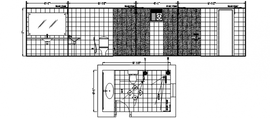 Toilet of store section, plan and installation drawing details dwg file