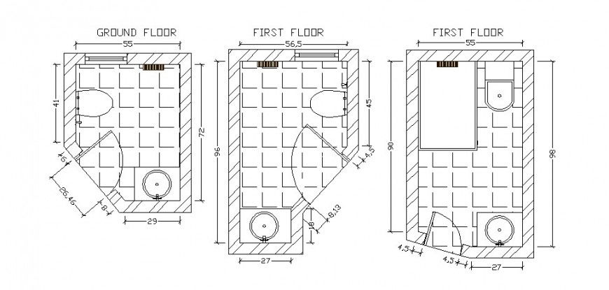 Toilet plan and installation details of ground and first floor of house dwg file