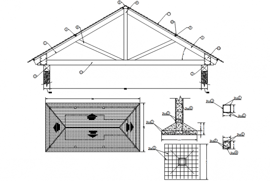 Toilet roof section with column and construction details dwg file
