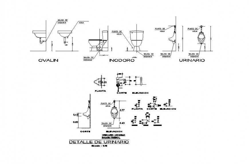 Toilet sheet, urinal and sink installation cad drawing details dwg file