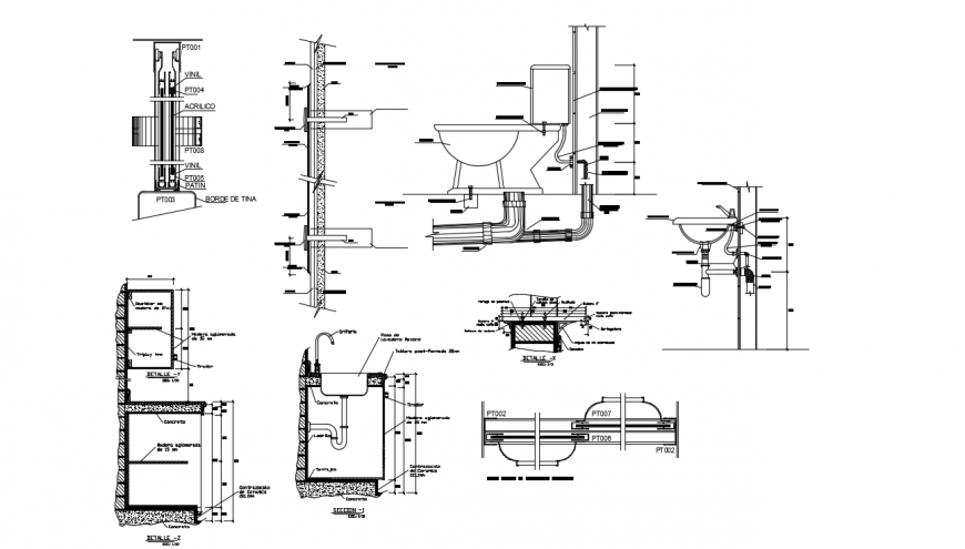 Toilet sheet and basin installation and plumbing structure details dwg file
