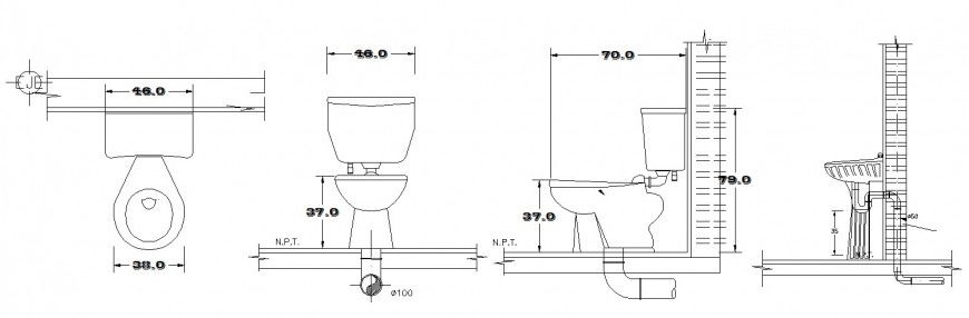 Toilet sheet elevation, section and installation auto-cad drawing details dwg file