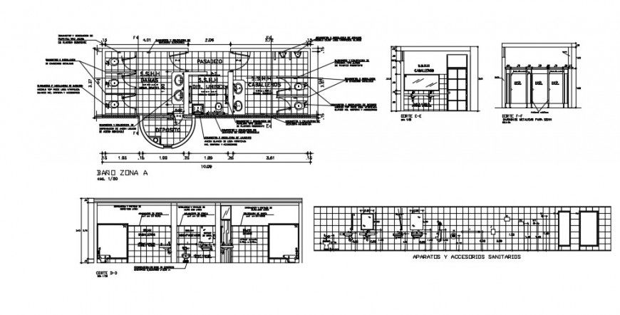 Toilets for airport building sections, plan and sanitary installation drawing details dwg file