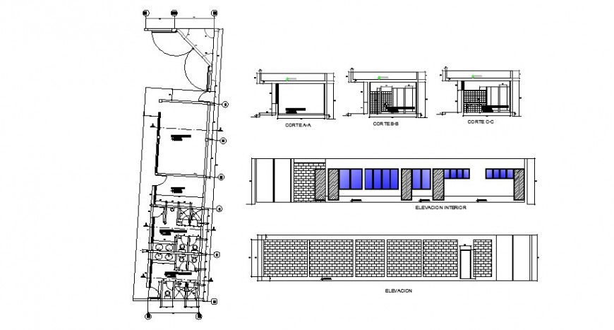 Toilets for industrial area elevation, section, plan and installation cad drawing details dwg file