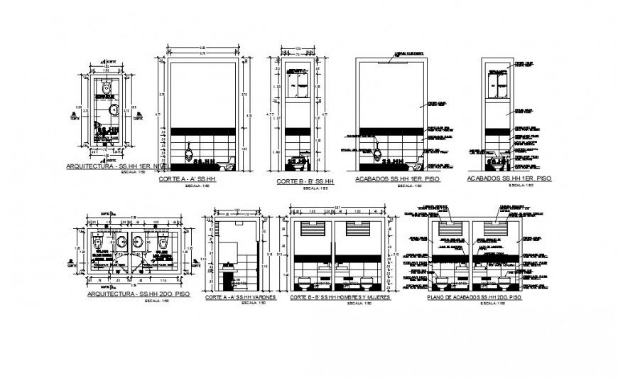 Toilets for office building section, plan and interior cad drawing details dwg file