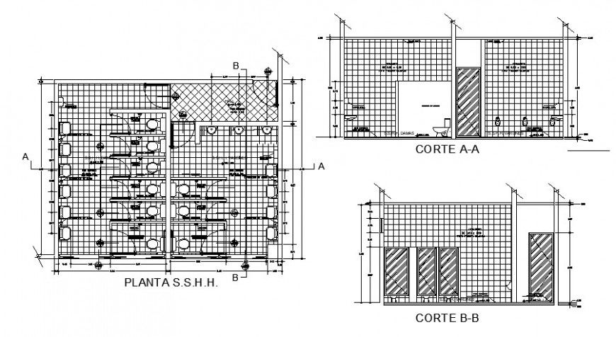 Toilets for shopping mall section, plan and sanitary installation details dwg file