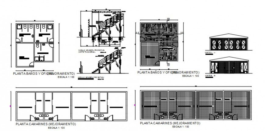 Toilets of sports center sections, plan and sanitary installation details dwg file