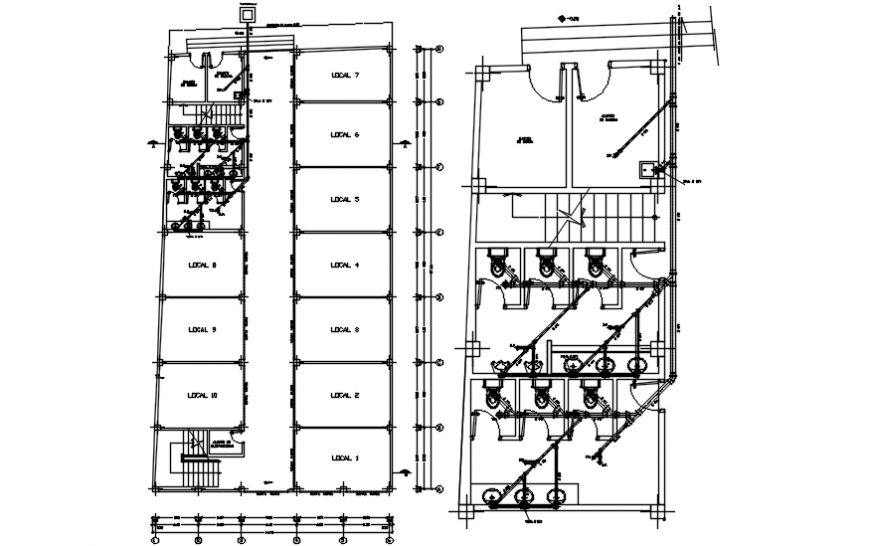 Toilets plan and installation drawing details for shopping center dwg file