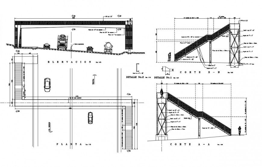 Toll foot bridge elevation, section and plan details dwg file