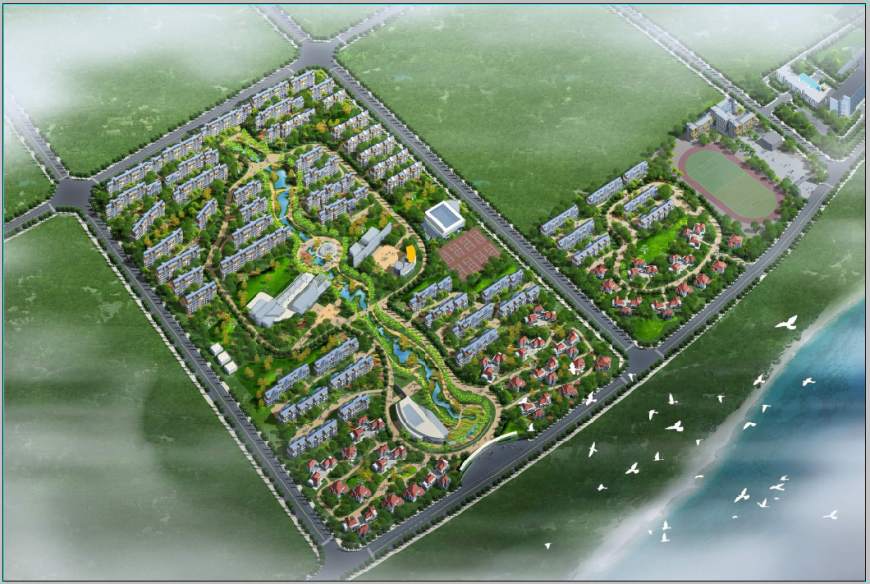 Top landscaping view of multiple residential housing colony 3d drawing psd file