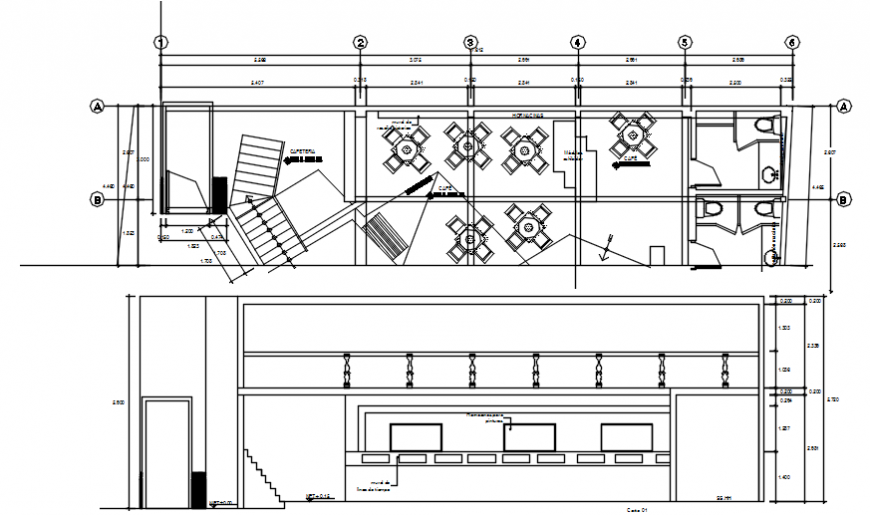 Top view cafe interior furniture plan section