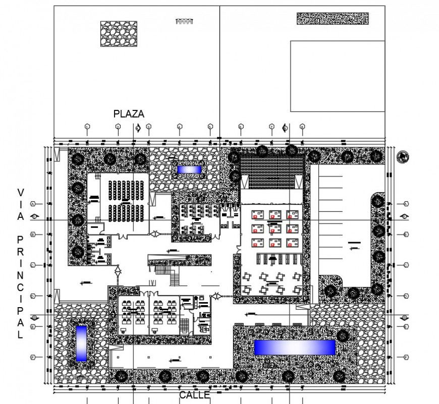 Top view complete furniture plan of library